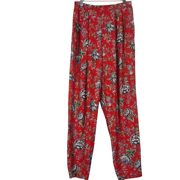 Frank L Savage Pants - Vintage 80s FRANK SAVAGE 4 Red Floral Rayon Pants Pleated High Waist Tapered Leg